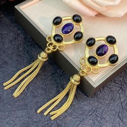 Stud Earrings Vintage Gold Plated Agate Amethyst Set With Small Fringe Stylish