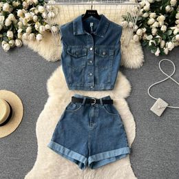 Women's Tracksuits JCHENSJ High Quality Safari Denim Two Pieces Sets Women Button Tank Top Mini Jeans Shorts 2023 Streetwear American Retro