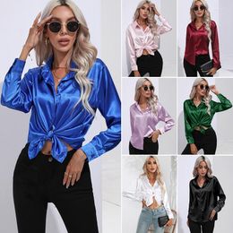 Women's Blouses Satin Silk Women Shirts Spring Summer Long Sleeve Top Blue White Loose Fashion Office Ladies Work Party Female Clothing