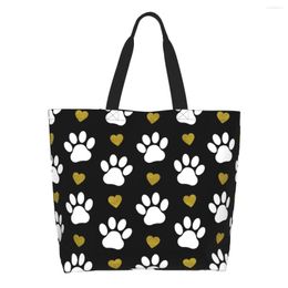 Shopping Bags Cute Trendy Pattern Of Tote Bag Reusable White Dog Paws Gold Heart Grocery Canvas Shopper Shoulder