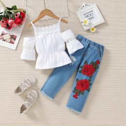 Summer Baby Girls Clothing Suit Hollow Out Suspender Top With Embroidered Jeans 2pcs Children Girl Outfits Set