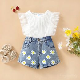 New Summer Kids Girls Clothing Set Polka Dots Mesh Sleeve Tops Tshirt With Denim Shorts Children Girl Outfits Sets