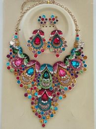 Necklace Earrings Set Luxury Colourful Peacock Crystal Rhinestone Wedding Jewellery Fashion Bridal WC038