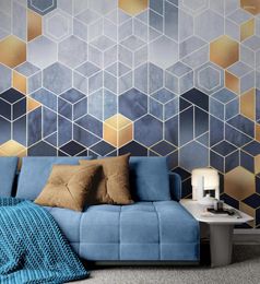 Wallpapers Customise 3d Wallpaper Geometric Abstraction Of Hexagons On A Blue Background With Gold Look Elements Wall Mural Adhesivo