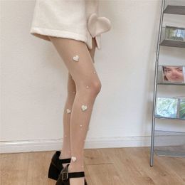 Socks Hosiery Black Love Heart Pearl Sexy Women Tights Classic Silk Stockings Thin Vintage Thigh Sheer Pantyhose Female Elastic Hosiery Summer 230609