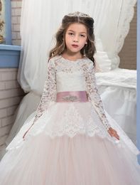Girl Dresses White Lace Pageant For Girls Long Sleeves Up Ball Gown With Bow Sashes Birthday Party Flower