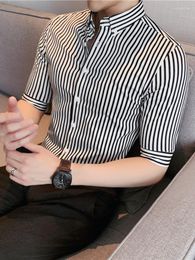 Men's Casual Shirts 2023 Quality Business Formal Wear Men Striped Dress Tuxedo Short Sleeve Simple Slim Fit Chemise Homme S-4XL