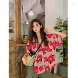 Women's Blouses Korean Printing Loose Shirt Tops Ladies Summer POLO Collar Short Sleeve Button Casual Blouse Elegant Trend Women Clothing