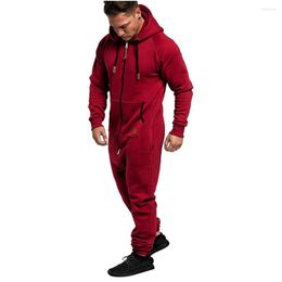 Men's Pants Men Hooded Rompers Long Sleeve Pyjama Casual Solid Colour Cargo Overalls Jumpsuit Trousers Zipper Hoodie Playsuit Male Clothes
