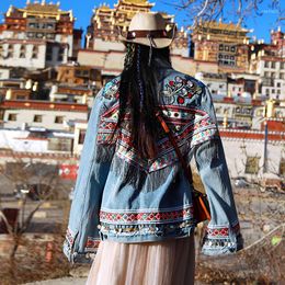 Women's Jackets KHALEE YOSE Vintage Embroidery Denin Jacket Gypsy Hippie Jean Sequin Long Sleeve Oversized Ethnic Womens Autumn