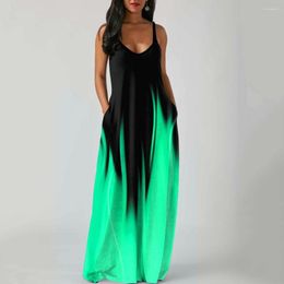Casual Dresses Ladies Dress V-neck Contrast Colour Gradient Colours Sleeveless Loose Daily Wear Low-cut Backless Summer Vest Female Clothes