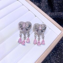 Stud Earrings Luxury Pink Stone Pendant CZ Crystal Heart Jewelry Cubic Zirconia For Women