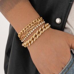 Charm Bracelets IngeSight.Z 4Pcs/Set Men Chunky Cuban Claw Chain Iced Out Rhinestone Bracelet Women Punk Hip Hop Tennis Rock Jewelry