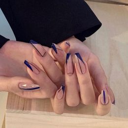 False Nails Naked Powder Sapphire Blue Geometric Lines Long Trapezoidal Nail Art Finished Wearable European And American Fake