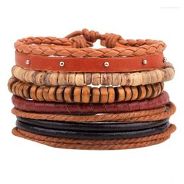 Charm Bracelets Fashion Classic Beaded Men's Bracelet Retro Cowhide Rope Woven Multi Wooden Beads Handstring Wax Adjustable