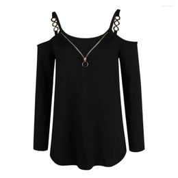 Women's Blouses Autumn Top Slim Fit Soft Stretchy Women Cold Shoulder Chain Strap Solid Color Tee Shirt Pullover Female Clothing