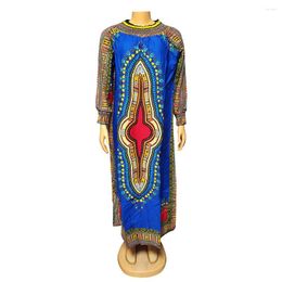 Ethnic Clothing Dashikiage Blue Maxi Dresses Elastic Round Neck Long Sleeve Pattern Printed Robe With Belt Female African Party Vestidos