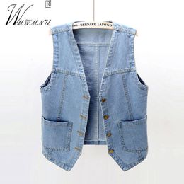 Women's Tanks Camis Fashion V-Neck Denim Vests Women Spring Summer Short Sleeveless Jacket Casual Chaleco Single-Breasted Oversize Jean Waistcoat 230609