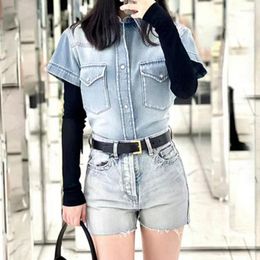 Women's T Shirts 2023 Spring And Summer Washed Old Denim Shirt Half-sleeve Single-breasted Short-sleeved All-match Top Women