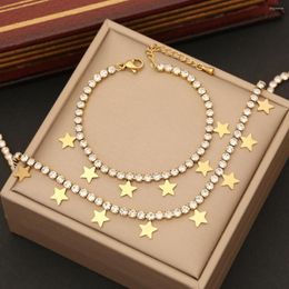 Choker 316L Stainless Steel Star Pentagram Zircon Charm Necklace Bracelets For Women Girl Waterproof Jewellery Set