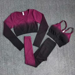 Women's Tracksuits Ombre Women Yoga Set Workout Long Sleeve Crop Top Sports Bra Seamless Leggings Gym Clothing Fitness Sportswear Suits