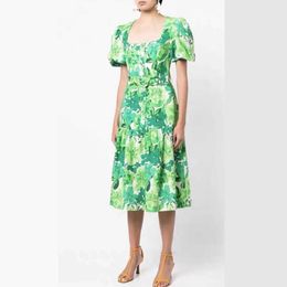 2023 Fancy Dress Floral Printed Gathered Waist Square Neck Puff Sleeve Midi Fit&flare Dress