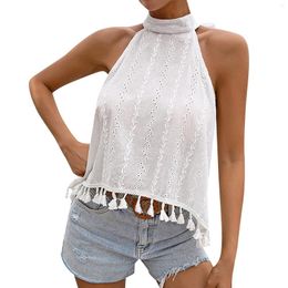 Women's Polos Sexy Sleeveless Tops Tassel Style T-Shirt White Hanging Neck Mesh Hole Chiffon Blouses Tank Turtleneck Shirts Summer Clothing