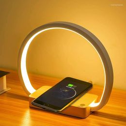 Table Lamps Retro Half Circle Desk Night Light QI Wireless Chargable Touch LED Ring Bedside Lamp Dimmable For Bedroom Decoration