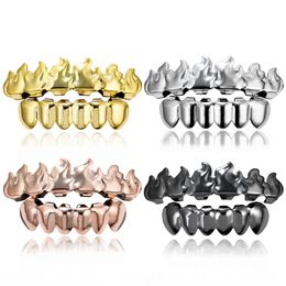 Hip Hop Dental Teeth Grillz Flame gold braces dentures Fangs Men Women 18K Gold Grills Teeth Set Jewelry Six 6 Top Bottom vampire Grills Halloween costume 1323