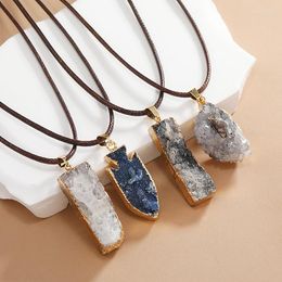 Pendant Necklaces Trendy Irregular Geometric Rectangle Fish Shape Natural Stone Necklace Brown Leather Rope Chain For Women Men Jewellery