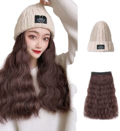 18 Inch Long Hair Wig Hat Integrated Fashionable Ladies' Autumn and Winter Warm Knitted Cap Multiple Styles Available