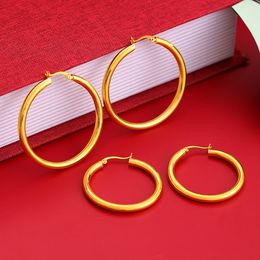 Women Hoop Earrings Smooth Plain Earrings Hollow Round Circle Earrings Real 18k Gold Color Simple Jewelry Gift