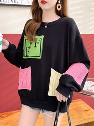 Women's Hoodies Woman Cotton Thin Sweatshirts Sweet Korean O-neck Letter Knitted Patchwork Pullover Candy Colour Oversized Women Clothing