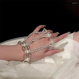 Charm Bracelets Pearl Chain Finger Ring Bracelet Hand Tassel Rings Adjustable Gift For Woman Girls