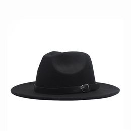 Autumn winter Flat Brim Wool Felt Fedora Hats with buckle Jazz Formal Hat Panama Cap plain hat Men Women big brim felt hat284R