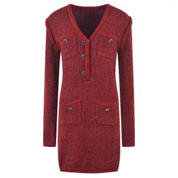 Casual Dresses Elegant Women Fall Winter Sexy V-neck Lurex Patchwork Classic Red Knitting Sweater Slim Quality Dress Birthday Party