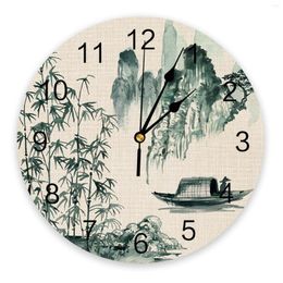 Horloges murales peinture chinoise paysage bambou bateau horloge silencieuse numérique pour la maison chambre cuisine salon décoration