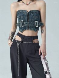 Women's Tanks Retro Denim Irregular Cropped Top Women 2023 Summer Fashion Designer Streetwear Y2K Jeans Zip-Up Strapless Tank Tops Belts