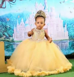 Girl Dresses Yellow Lace Flower Dress Sheer Neck Pearls Princess Wedding Long Communion Pageant Birthday Party Gowns