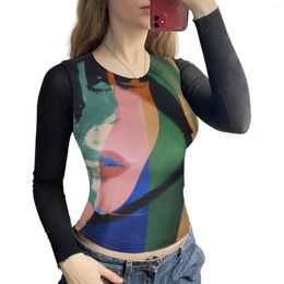 Women's T Shirts Summer Fall Women Close-fitting Pullover Variegated Color Portrait Printed Pattern Round Collar Slim Crop Tops S/ M/ L