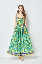 2023 Casual Dresses Women's Runway Fashion Maxi Dress Summer Bohemia Lemon Print Lace Up Belt High Waist Vacation Long Spaghetti Strap Dress