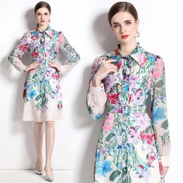 Basic Casual Dresses Chic Floral Chiffon Mini Dress With Belt Women Designer Long Sleeve Lapel Button Shirt Dress Office Lady Slim A-Line Frocks 230609