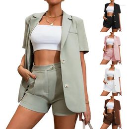 Women's Tracksuits 2023 Summer Blazer Two-piece Suit Women Casual Sets Solid Short-sleeve Jacket And High-waist Short Pants Lady 2-piece