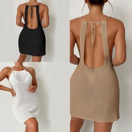 Women's Swimwear Women Sexy U-Neck Sleeveless Mesh-See Through Crocheted Long Dress Knitted Beach-Bikini Swimsuit Cover Up Drop