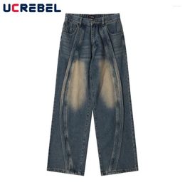 Men's Jeans Retro Spliced Straight-leg Denim Pants Mens Washed Distressed Mud Yellow High Street Wide Leg Casual