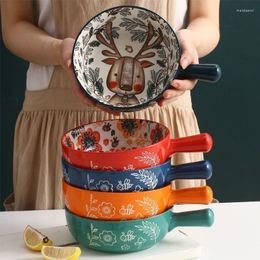 Bowls Creative Cartoon Ceramic Baking Bowl With Handle Household Fruit Salad Cute Animals Instant Noodle Kitchen Tableware