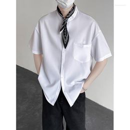 Men's Casual Shirts Summer Short Sleeve Shirt Men Fashion Society Mens Dress Korean Loose Ice Silk Black White Formal M-2XL