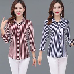 Women's Blouses Stripe Shirts Women Blouse Elegant 3/4 Sleeve Turndown Collar Female Ice Silk Lady 4XL Tops Blusas Y988