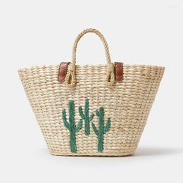 Evening Bags Fashion Cactus Pattern Rattan Women Handbags Corn Husk Woven Shoulder Casual Summer Beach Straw Basket Bag Large Tote Purse