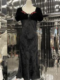 Casual Dresses Early Spring Black Velvet Patchwork Rose Dress Under The Night Bright Lights